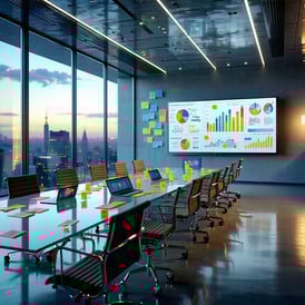 The image depicts a sleek modern conference room illuminated by soft overhead lighting A large glass table occupies the center surrounded by ergonomic chairs On the table there are several digital devices displaying data analytics and charts with a p-1